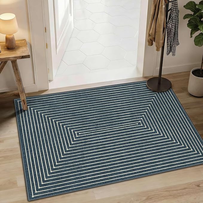 Latte&Fog 2x3 Entryway Rug, Small Modern Abstract Door Mat, Washable Kitchen Rug Samll Rug, Boho Non Slip Low Pile Carpet for Indoor Kitchen, Entry, Front Door and Bathroom - Blue