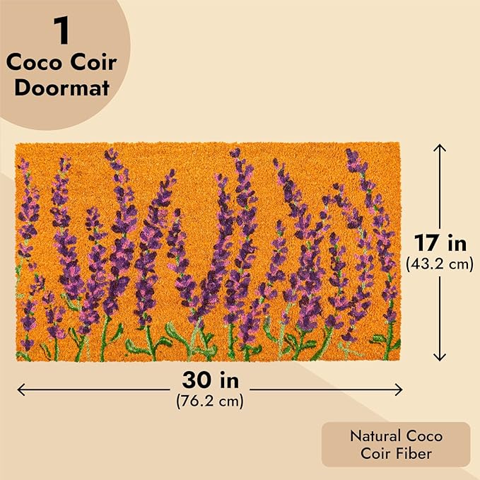 Juvale Lavender Floral Door Mat - 17 x 30 in, Purple Coir - Welcome Mat for Front Door & Entryway - Coir Doormat for Patio & Porch