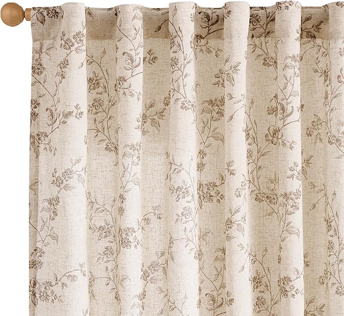"Lazzzy Farmhouse Polyester blended Curtains Taupe Floral Curtains 96 Inch Length Back Tab Drapes for Living Room Bedroom Light Filtering Country Vintage Rod Pocket Curtain, 2 Panels, Taupe on Beige