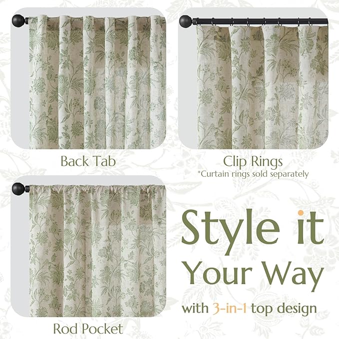 jinchan Linen Floral Curtains for Living Room with Printed Flower 63 Inches Long Light Filtering French Country Back Tab Rod Pocket Sage Green Window Curtain Set Farmhouse Drapes 2 Panels