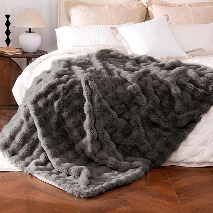 Ultra Soft Cozy Faux Fur Throw Blanket, Fuzzy Plush Thick Bubble Blanket, Oversize Luxury Fluffy Blanket for Couch, Bed, and Living Room, 60x80 Inches, Dark Grey Taupe