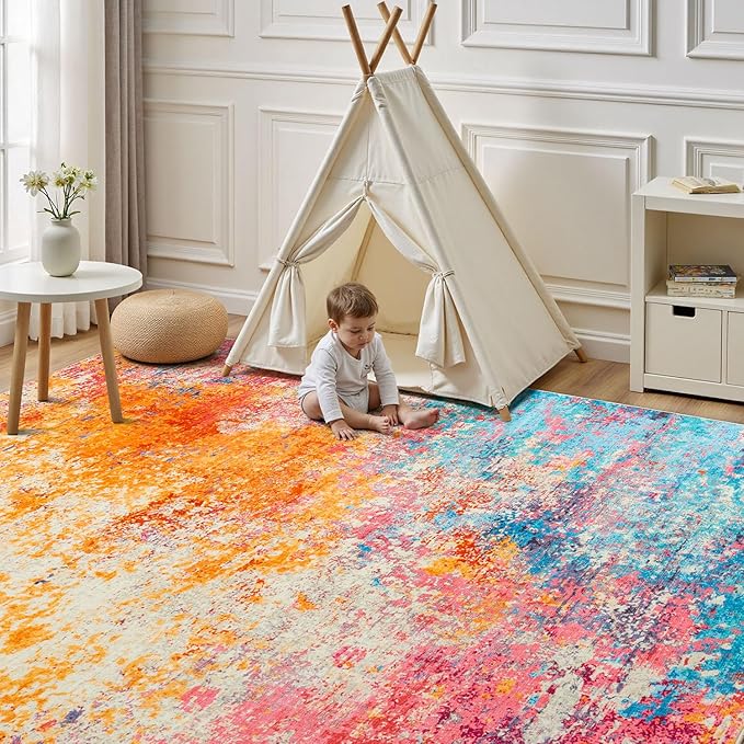 Rugflix 9x12 Area Rugs for Living Room, Washable Large Multicolor Rug Stain-Resistant Low Pile, Modern Carpet for Dining Room Home Office Kid Room Nursery Bedroom, Colorful Rainbow