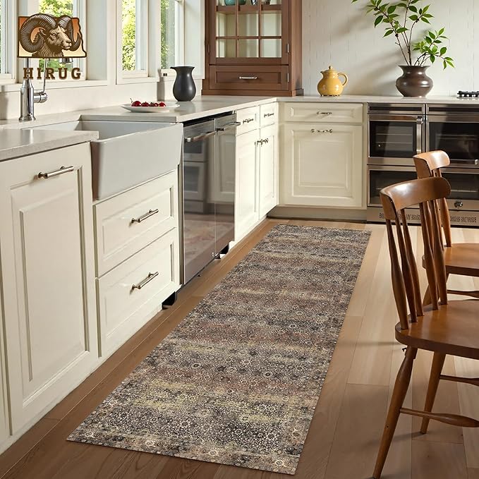 Washable Area Rug 2'6'' x 8' Vintage Traditional Persian Mat - Foldable Distressed Non-Slip Machine Washable Carpet for Living Room Bedroom Kitchen Home Decor - Umber and Slate