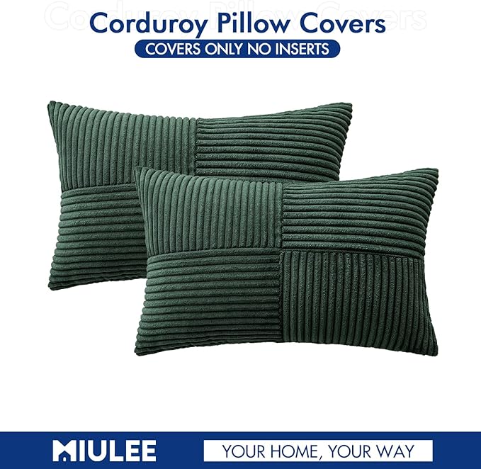 MIULEE Army Green Decorative Lumbar Throw Pillow Covers 12x20 Inch for Couch Bed Sofa Pack of 2 Boho Farmhouse Throw Pillows Soft Cross Corduroy Patchwork Textured Cushion Cases