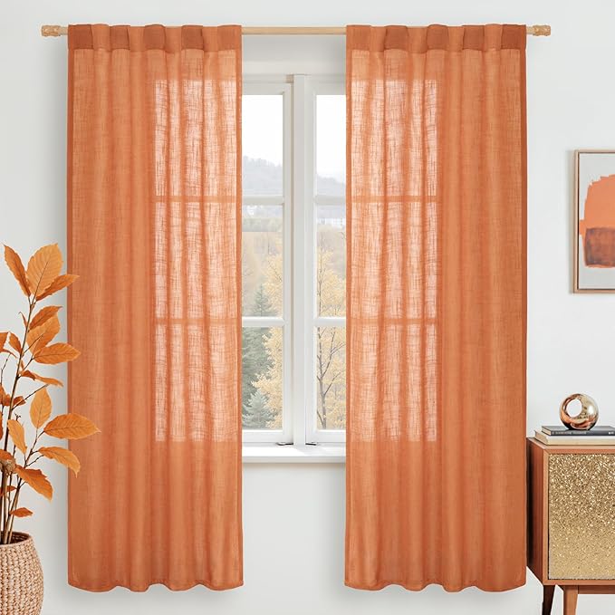 LAMIT Burnt Orange Linen Curtains for Bedroom, 72 Inch Length Light Filtering Semi Sheer Panels Back Tab and Rod Pocket Neutral Drapes for Living Room, 2 Panels, 34 x 72 Inch