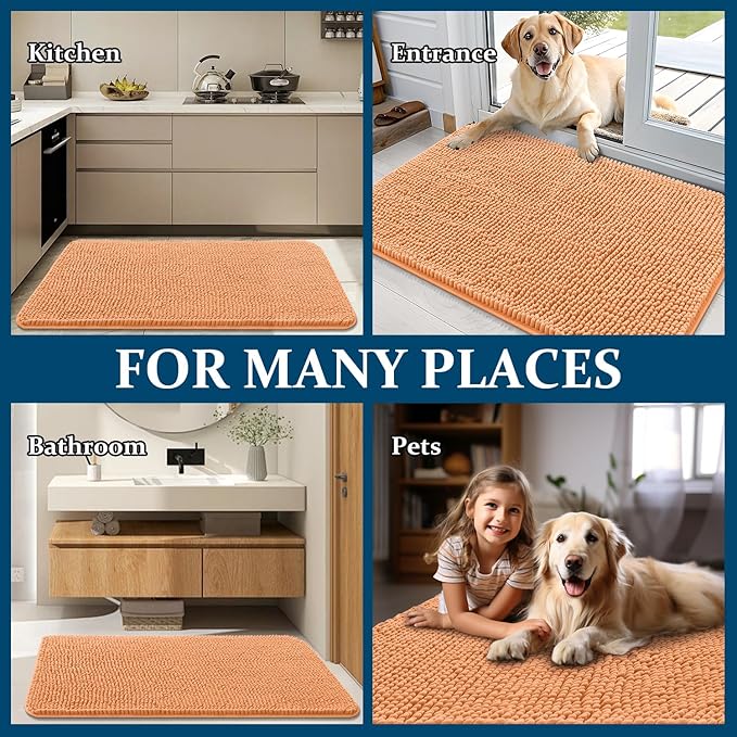 OLANLY Dog Door Mat for Muddy Paws 30x20, Absorbs Moisture and Dirt, Absorbent Non-Slip Washable Doormat, Quick Dry Chenille Mud Mat for Dogs, Entry Indoor Entryway Carpet for Inside Floor, Orange