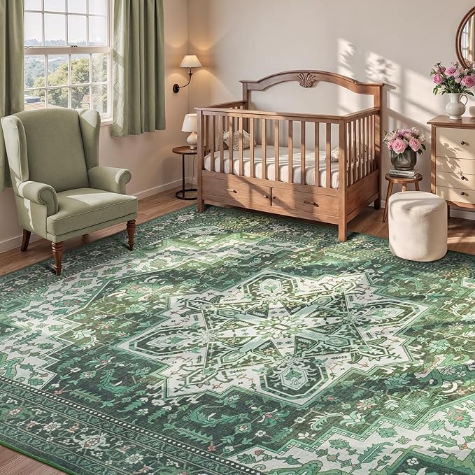 Rugflix 9x12 Area Rugs for Living Room, Machine Washable Rug Non Slip Stain Resistance, Large Rug Vintage Distressed Soft Carpet for Bedroom, Dining Room, Home Office, Green
