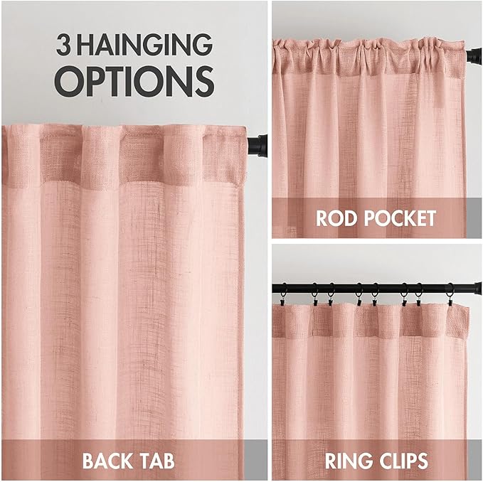 MIULEE Blush Pink Linen Curtains 96 Inches Long 2 Panels for Girls Bedroom Nursery, Soft Thick Linen Textured Window Drapes Semi Sheer Light Filtering Back Tab for Kids Living Room Light Pink Decor