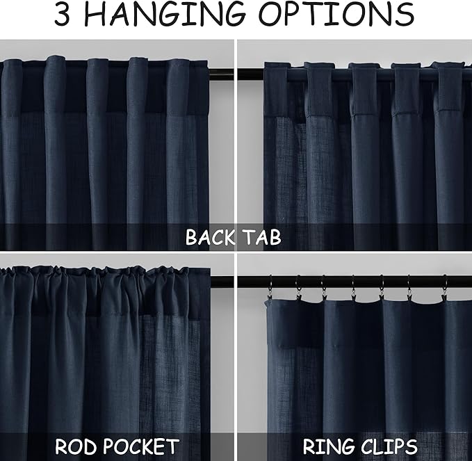 Navy Blue Linen Curtains 90 inch Length for Bedroom Boys Men Back Tab Modern Farmhouse Nautical Decor Blue Sheer Privacy Curtain Panels Set of 2 for Dining Room Indigo