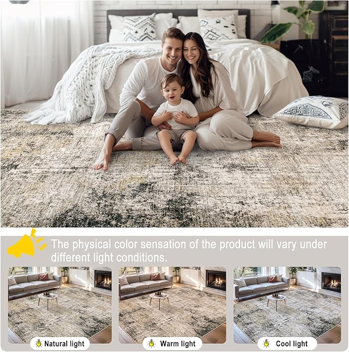 Area Rugs Living Room Rug - 4x6 Washable Modern Abstract Soft Neutral Non-Slip Carpet Large Indoor Floor Thin Carpets for Bedroom Dining Room Farmhouse Nursery Home Office Brown Black Grey