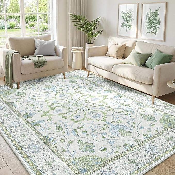 RELEANY Area Rugs 5'x7' Washable Non-Slip, Floral Vintage Distress Print Pattern Medallion Carpet for Living Room Bedroom Dining Room, Green White Blue