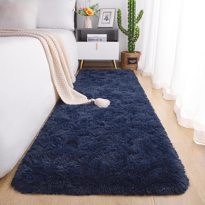 Chicrug Soft Runner Rugs for Bedroom Living Room Plush Fluffy Rug 2x7 Feet, Shag Furry Area Rug Carpet Non Shedding for Nursery Children Kids Girls Room Home Decorative, Navy Blue