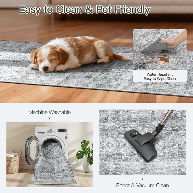 Lofus 2X 6 Area Rug for Hallways,Grey Washable Runner Rugs with Non Slip Rubber Backing, Low Pile Soft Carpet Runner for Kitchen Bathroom Bedroom Laundry