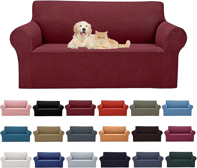 Cupuamon 2026 New Stretch Loveseat Sofa Slipcovers Couch Cover for 2 Cushion Furniture Protector Sofa Covers with Elastic Bottom Jacquard Fabric Small Checks for Pets, Kids - Dark Red