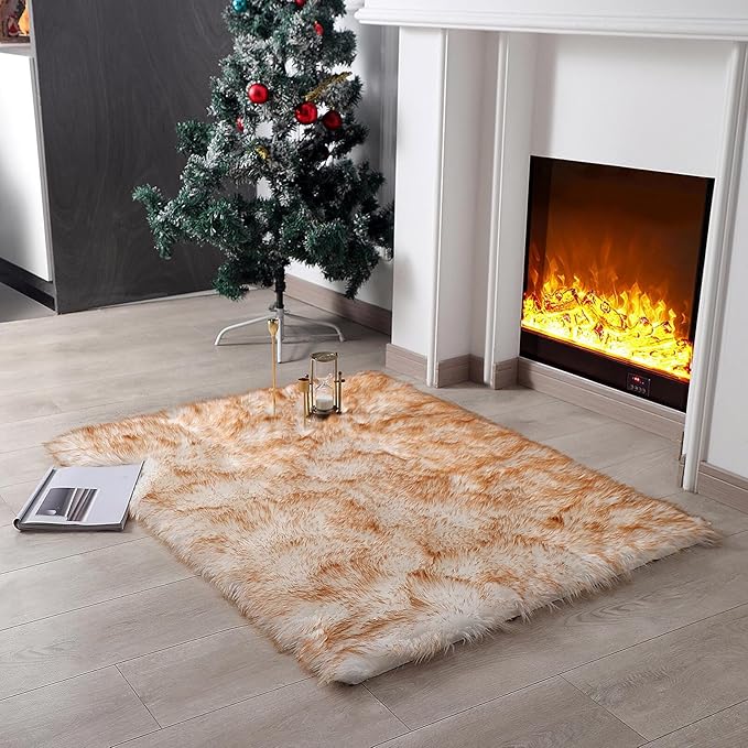 linmopm Faux Fur Rug Sheepskin Shag Fluffy Fuzzy 3x4 ft Rugs for Bedroom Bedside Bed Floor Living Room Plush Rectangle High-Density Cushion Carpet Super Sofa Cover White and Yellow