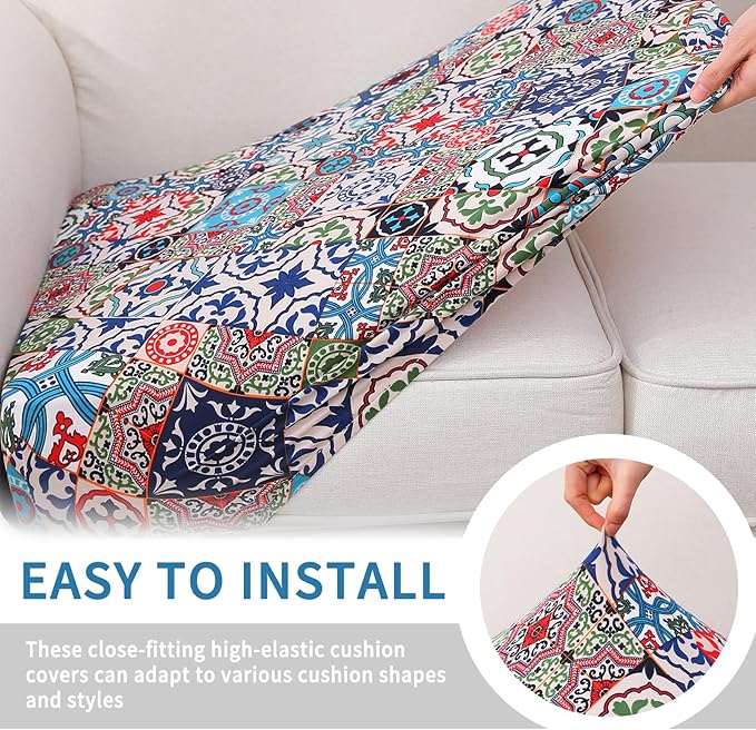 hyha Printed Couch Cushion Covers, Floral Sofa Covers Washable for 2 Cushion Couch, Stretch Pattern Outdoor Cushion Covers for Patio Furniture with Elastic Bottom(Medium, Patchwork Moroccan)