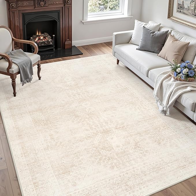 6x9 Area Rugs for Living Room: Vintage Boho Neutral Washable Rug Indoor Soft Large Area Rug Carpet for Bedroom Nursery Farmhouse Dining Room Office Floor Non-Slip Low Pile Under Table Rug Beige