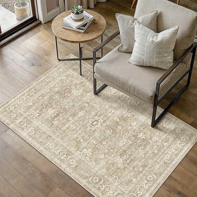 4x6 Washable Area Rug for Living Room Bedroom Vintage Beige Soft Low Pile Carpet Traditional Retro Non Slip Throw Rug for Dining Room Entryway Indoor Dorm Kitchen