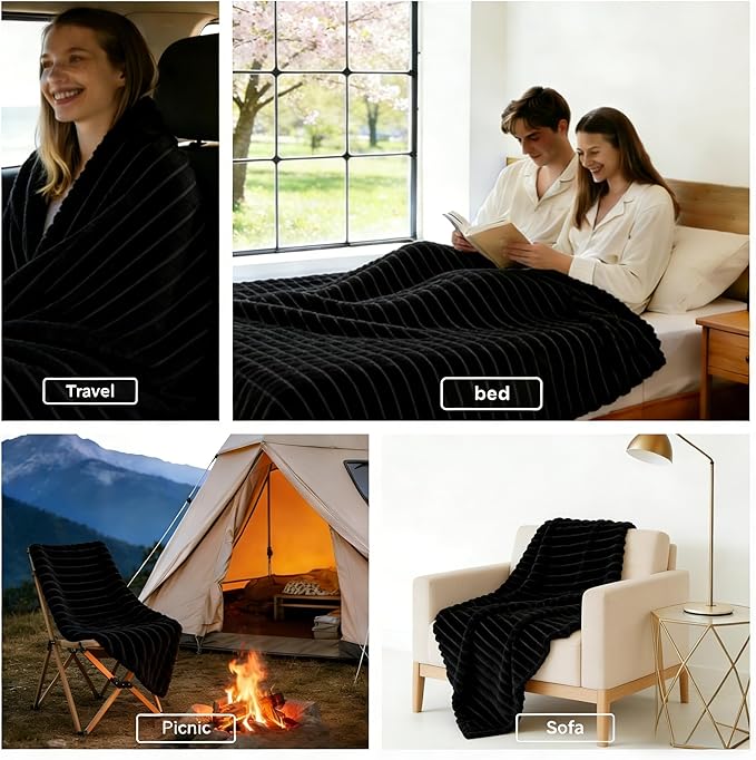 HIMEET Black Ribbed Throw Blanket for Couch - 300GSM Lightweight Soft Fleece Blanket for Women Men, Cozy Blankets for Mothers Gifts, Striped Spring Home Room Decor, Black, 50x60 Inches