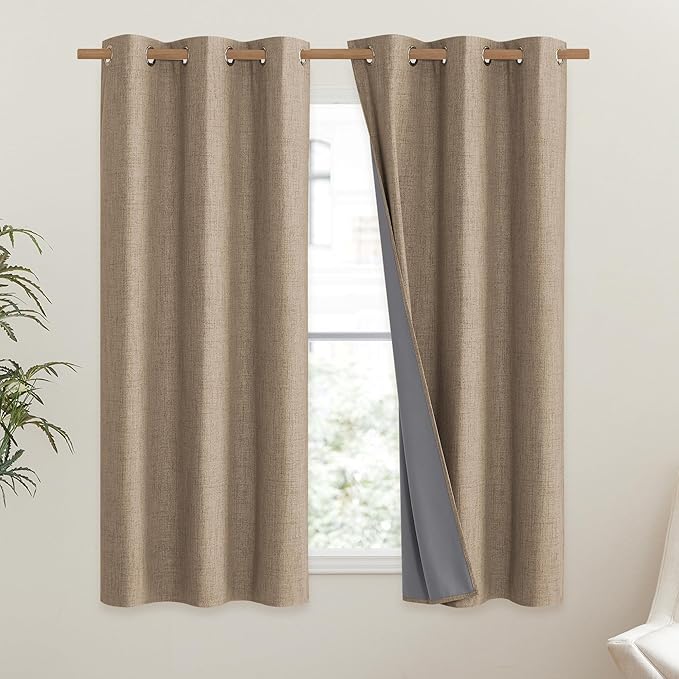 NICETOWN Burlap Vintage Open Linen Weave Flax Thermal Curtains, 100% Blackout Curtains 63" Long for Dining Room, Soundproof Window Treatment Drapes for Gym Room, 42" Wide Per Panel, Set of 2