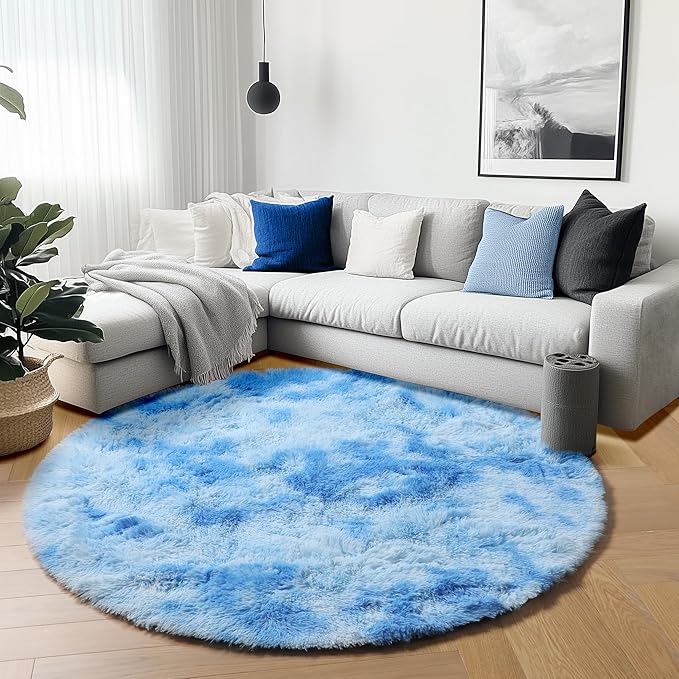 ONASAR Round Rugs 5ft for Bedroom Living Room, Tie-Dye Blue Fluffy Circle Area Rug for Kids Girls Boys Teen, Soft Plush Shaggy Carpet for Nursery Dorm Classroom Playroom Home Decor Aesthetic