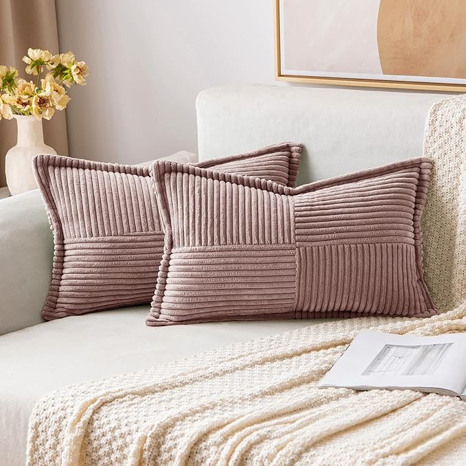 MIULEE Spring Decorative Lumbar Throw Pillow Covers for Couch Bed Livingroom 12x20 Inch Set of 2 Blush Pink Boho Throw Pllows Broadside Striped Patchwork Soft Corduroy Pillowcases Valentine Decor