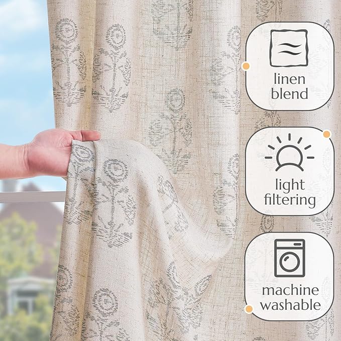 jinchan Linen Floral Curtains for Living Room 63 Inch Length Gray Flower Cottage Core Farmhouse Curtains Rod Pocket Back Tab Boho Semi Sheer Window Drapes Bedroom Set 2 Panels Grey on Beige