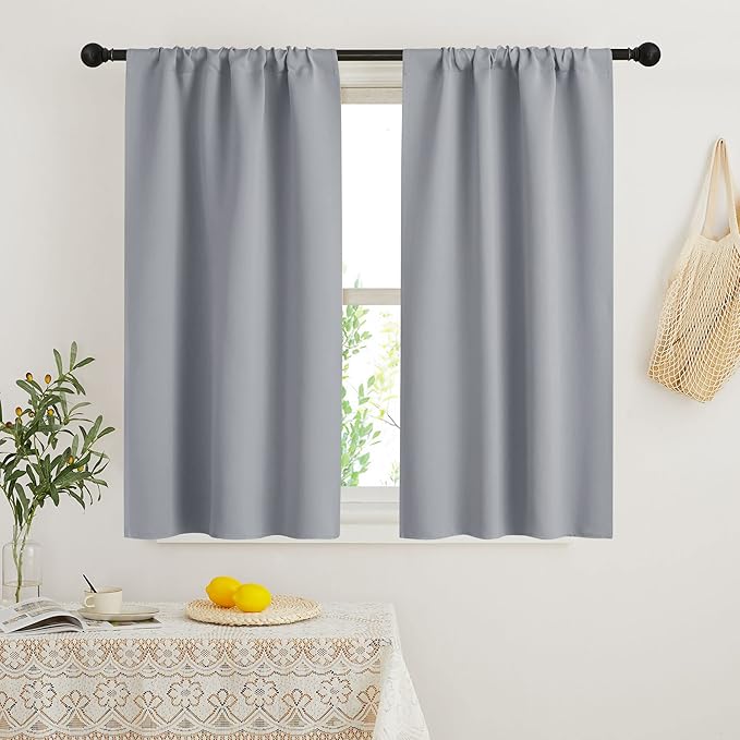 RYB HOME Blackout French Door Window Curtain Covering, Rod Pocket Thermal Insulated Privacy Non See Through Drapes for Bathroom Window, Width 29 by Length 45, Silver Grey, 2 Panels