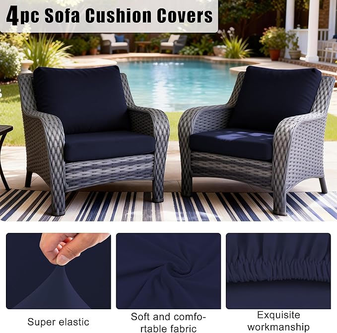 4Pcs Outdoor Cushion Covers, Patio Cushion Covers,Stretch Elastic Slipcovers, Replacement Washable & Reusable Furniture Protector for Patio Couch (Navy,Cover Only)