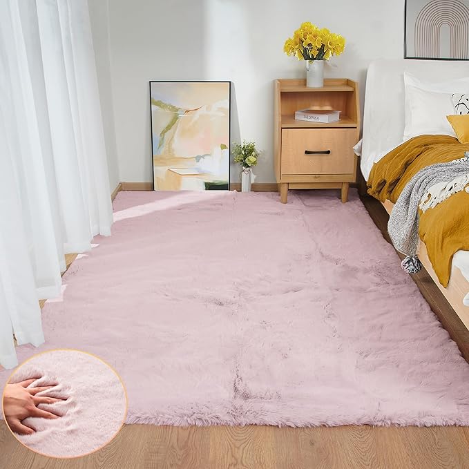 ORINOVA Pink Washable Fluffy Rug 5x7 Area Rugs for Bedroom Plush Faux Rabbit Shag Fur Rug for Living Room Nursery