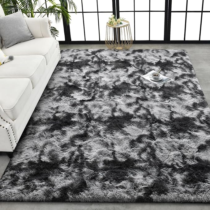 TWINNIS Super Soft Shaggy Rugs Fluffy Carpets 5x7 Feet, Indoor Modern Plush Area Rugs for Living Room Bedroom Kids Room Nursery Home Decor, Upgrade Anti-Skid Fuzzy Rug, Black and Grey