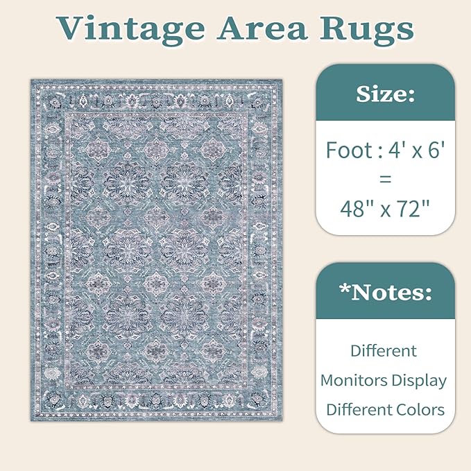SERISSA Area Rug 4x6 Boho Rugs for Bedroom, Washable Non-Slip Living Room Rugs, Ultra Soft Print Distressed Low-Pile Throw Rug Blue Grey Carpet for Nursery Dorm Kitchen Living Room Decor