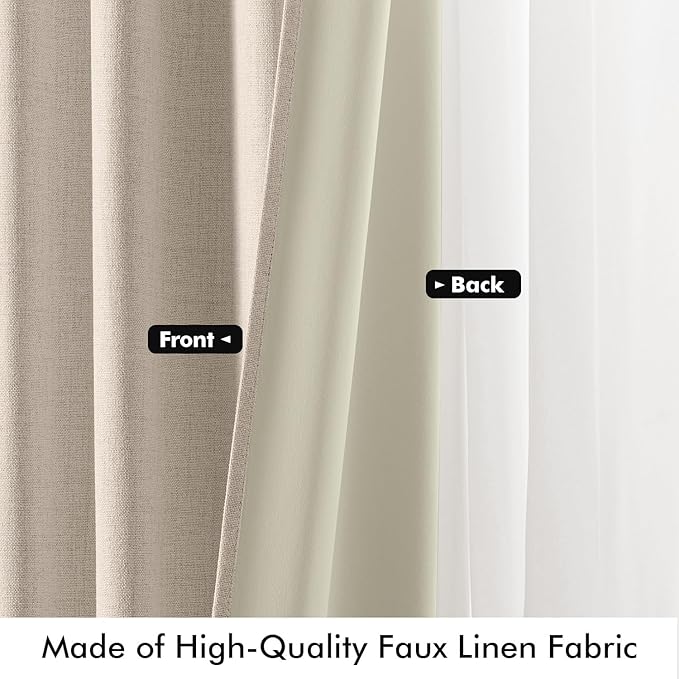 MIULEE 100% Blackout Linen Curtains for Bedroom, Natural Solid Luxury Decor Thermal Insulation Room Darkening Drapes for Living Room Nursery Back Tab Rod Pocket 42 x 96 Inches, 2 Panels