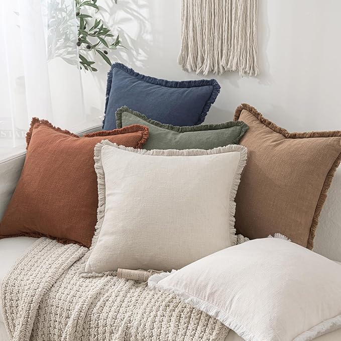MIULEE Decorative Throw Pillow Covers Neutral Linen Fringe Throw Pillows Set of 2 Indigo Blue Boho Farmhouse Cushion Covers Coastal Decor for Couch Sofa Bed Living Room Spring Decor 24x24 Inch