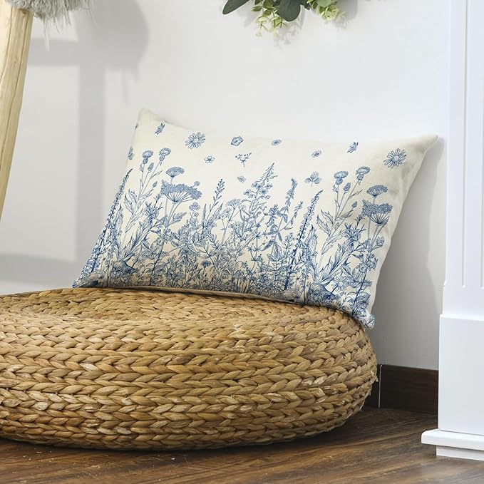 AVOIN colorlife Wildflowers Spring Summer Blue Throw Pillow Cover, 12 x 20 Inch Floral Cushion Case Decoration for Home Sofa Couch