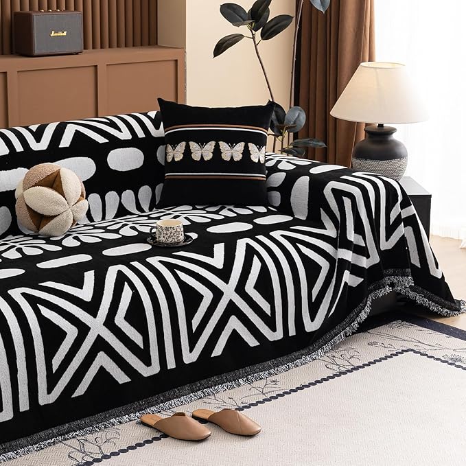 HANDONTIME Boho Couch Cover Blanket Geometric Striped Pet Covers for Couches and Sofas Black and White Dog Cover for Couch Pet Friendly Chenille Sectional Sofa Covers for Pets Washable, 71" X 134"