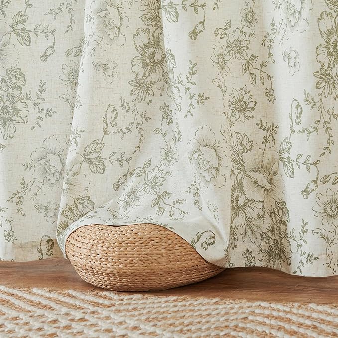 jinchan Linen Floral Curtains 100 Inch Extra Wide for Patio Sliding Glass Door Room Divider Curtain for Living Room 108 Inch Length Farmhouse Peony Green Printed Curtain Set 1 Panel