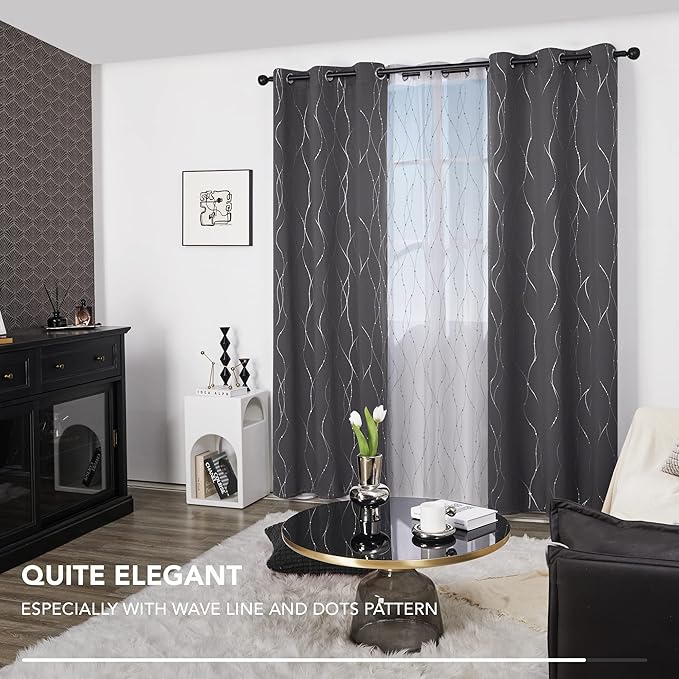 Deconovo Gray Curtains for Living Room, Blackout Drapes, Protect Pravicy Thermal Insulated Soundproof Window Drape, Wave Dots Foil Print, 38 x 90 Inch, Set of 2 Panels for Bedroom Apartment Nursery