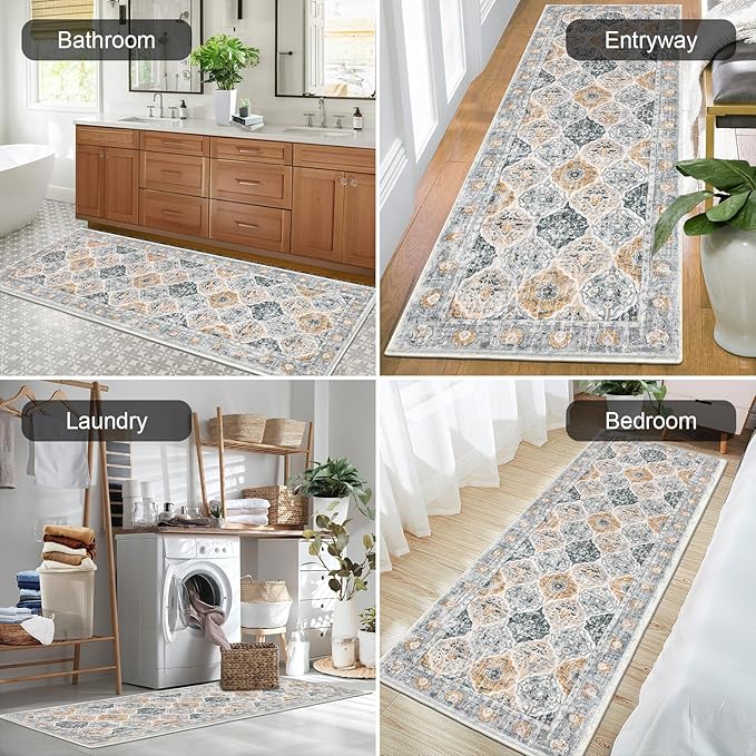 HEBE Hallway Runner Rug 2'x6' Washable Vintage Distressed Area Rugs Non Slip Laundry Rug Runner Boho Floor Carpet Runners for Hallways Entryway Laundry Room Kitchen Bathroom