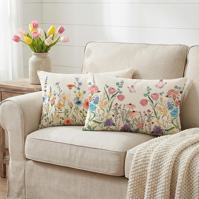 ONFAON Spring Summer Pillow Covers 20x12 Set of 4,Seasonal Holiday Farmhouse Decor Flower Cushion Case for Couch Sofa Living Room Bedroom Home Indoor Decor
