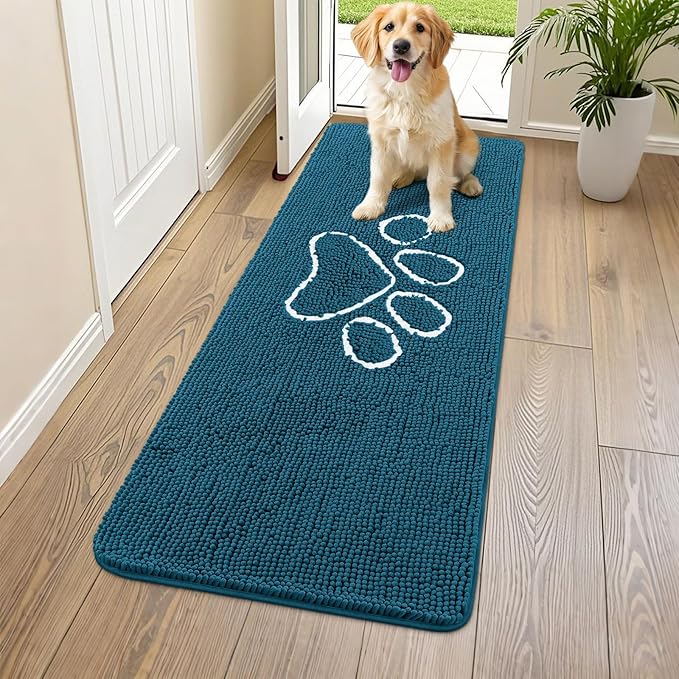 Smiry Dog Door Mat for Muddy Paws, Absorbent Dirt Trapper Non Slip Quick Dry Washable Chenille Mat for Mud Dogs, Entry Rug for Indoor and Outdoor (59x24 Inches, Atlantic Blue and White)