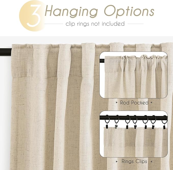 Faux Linen Beige Curtains 120 inches Long for Living Room Rustic Farmhouse Linen Drapes Semi Sheer Burlap Textured Canvas Cloth Curtain Panels Set of 2 Kahki Tan Colored