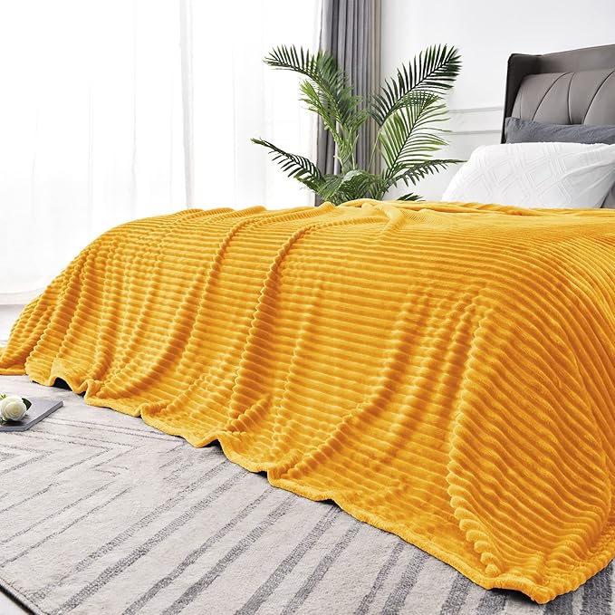 BEDELITE Fleece Blanket King Size – 3D Ribbed Jacquard Soft and Warm Decorative Fuzzy Blankets – Cozy, Fluffy, Plush Lightweight Throw Blankets for Couch, Bed, Sofa(Mustard Yellow, 108x90 inches)