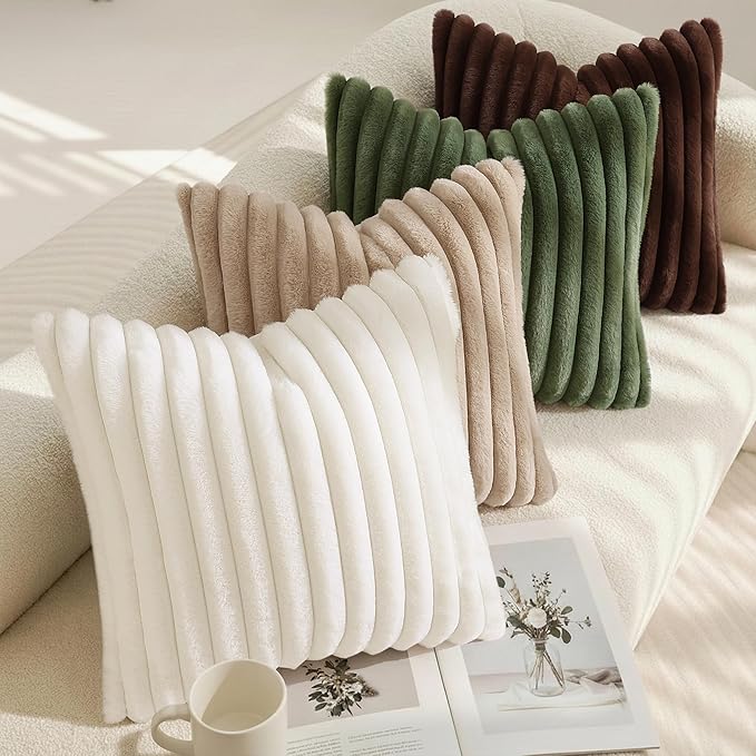 decorUhome Cozy Faux Fur Throw Pillow Covers 22x22 Set of 2 Decorative Soft Plush Striped Modern Farmhouse Boho Couch Euro Sham Pillow Cases with Velvet Back for Sofa Bed Living Room, Khaki Brown