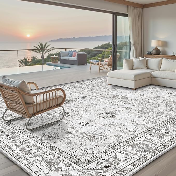 Grey White Area Rugs 10x14 Living Room, Non Slip Machine Washable Floral Rugs, Low Pile Lightweight Large Rug for Bedroom, Dining Room, Home Office(10 x 14, Grey White)