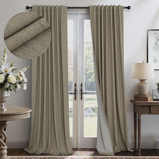 Pitalk Living Room Curtains 102 Inches Long for 103 Inch Tall Window Drape 100% Blackout Curtains for Bedroom Cold Weather Thermal Insulated Noise Reduction Curtain Farmhouse Style 2 Panels Dark Taupe