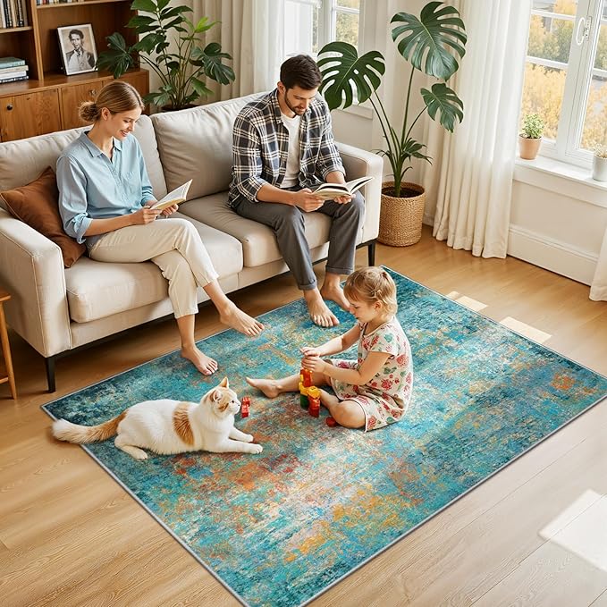 Washable Area Rugs 4'x6' Non-Slip Modern Abstract Soft for Living Room Entryway Bedroom Nursery, Print Pattern, Teal Blue Green Orange Rust Red Coloreful