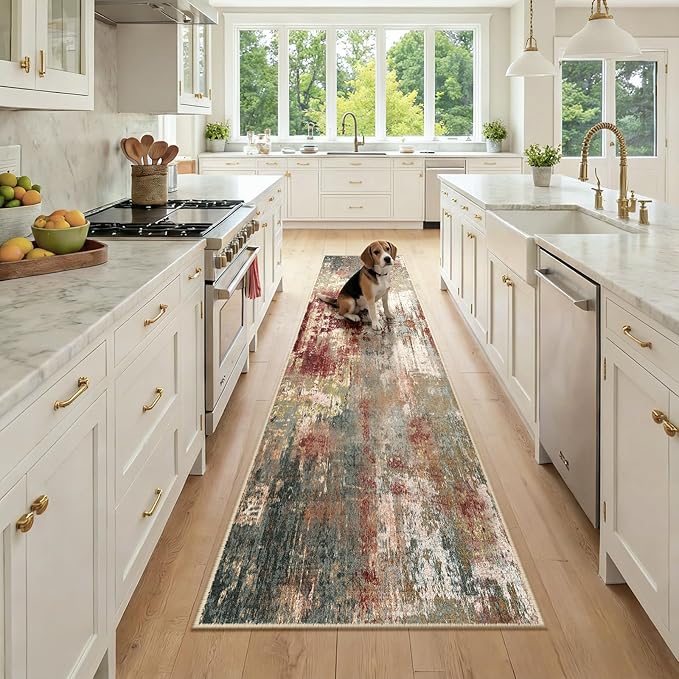 Washable Area Rugs 2x9 Non-Slip Modern Abstract Soft for Living Room Entryway Bedroom Nursery, Print Pattern, Brown Rust Red Green Blue Multi