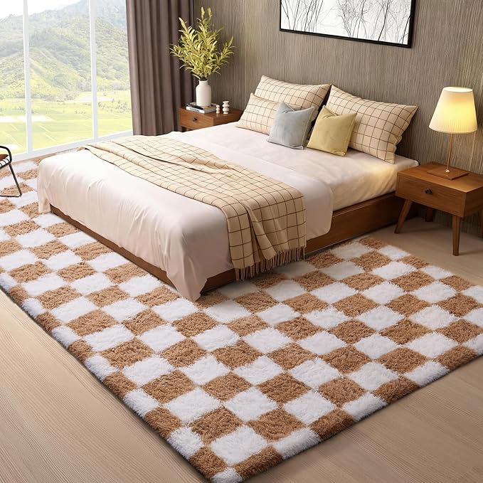 Ophanie Checkered Beige & White Rug for Living Room Bedroom, Fluffy Soft Cute Fuzzy Area Rugs, Shag Plush Shaggy Bedside Floor 8x10 Furry Carpet for Kids Baby Teen Dorm Nursery Home Decor Aesthetic