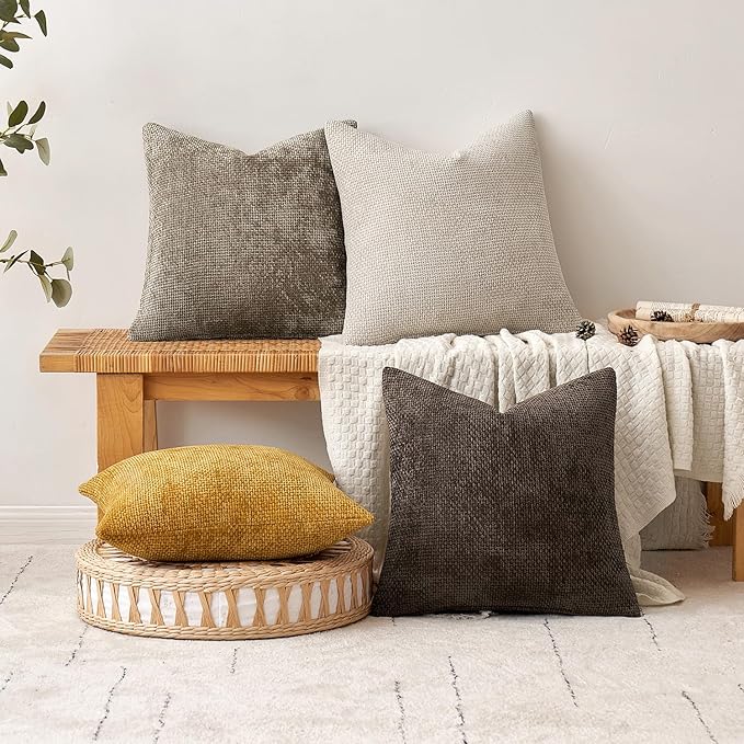 MIULEE Pack of 2 Euro Sham Pillow Covers 24x24 Inch Neutral Gold Modern Boho Accent Decorative Throw Pillow Covers Soft Chenille Farmhouse Cushion Covers for Home Decor Couch Bed Sofa Living Room